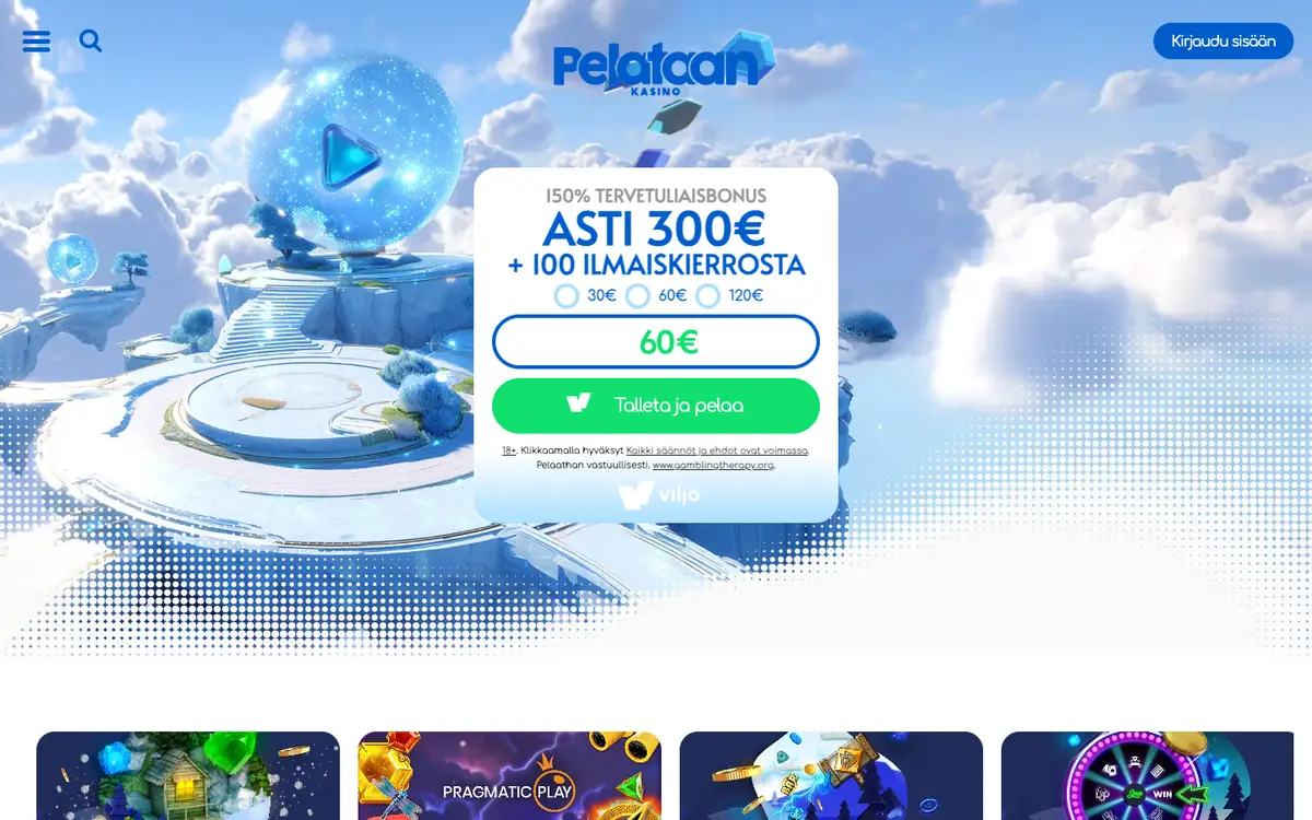 Pelataan-kasinon etusivu: 150 % tervetuliaisbonus jopa 300 € + 100 ilmaiskierrosta ja Viljo-talletus, kuvattu Suomesta 17.10.2026
