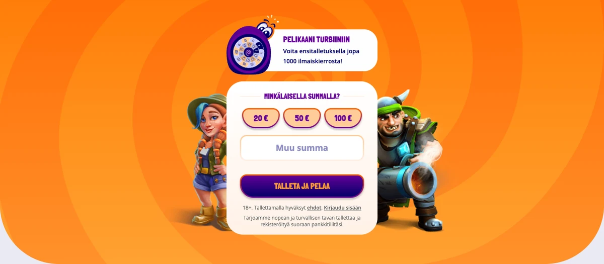 Pelikaanin etusivu: Turbiini-tarjous ensitalletukselle, talletuksen pikasummat 20, 50 ja 100 € ja Talleta ja pelaa -painike ilman maksutavan nimeä, kuvattu Suomesta 18.10.2026