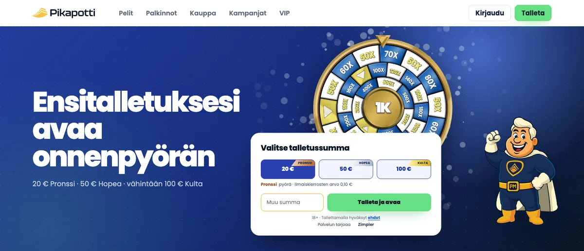 Pikapotin etusivu: ensitalletus avaa onnenpyörän, tasot 20 € pronssi, 50 € hopea ja 100 € kulta, pronssipyörän kierroksen arvo 0,10 €, kuvattu Suomesta 17.10.2026