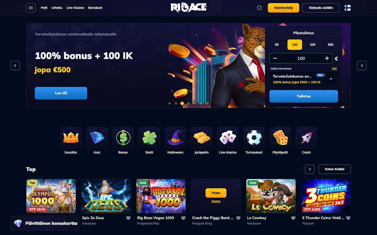 RioAcen etusivu: tervetuliaisbonus 100 % + 100 IK jopa 500 €, Pikatalletus-ikkuna 50–500 € ja pelilistat, kuvattu Suomesta 18.10.2026