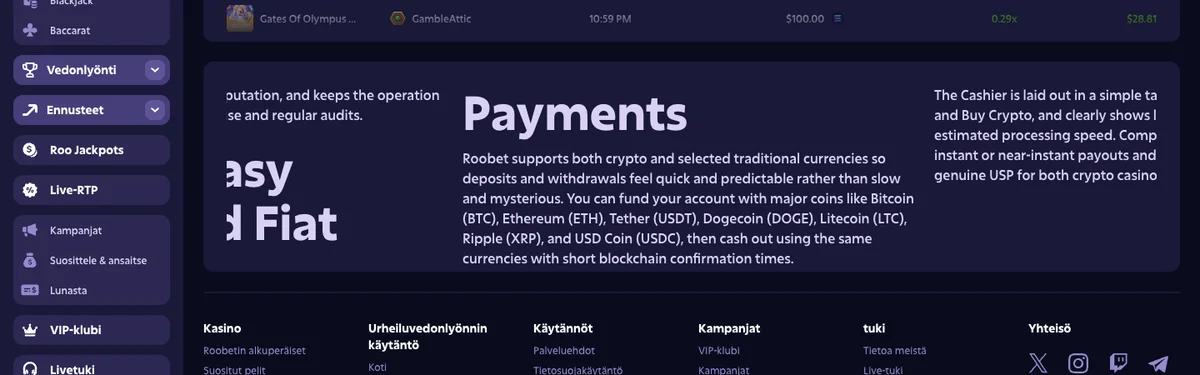 Roobetin Payments-osio: talletukset Bitcoinilla, Ethereumilla, Tetherillä, Dogecoinilla, Litecoinilla, XRP:llä ja USD Coinilla, kuvattu Suomesta 18.10.2026