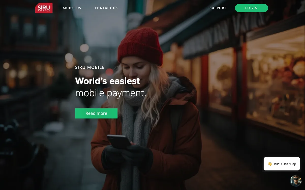 Siru Mobilen etusivu 18.10.2026: ”World’s easiest mobile payment” – palvelu markkinoi itseään kauppiaille, pelaajalle se on kassan yksi painike