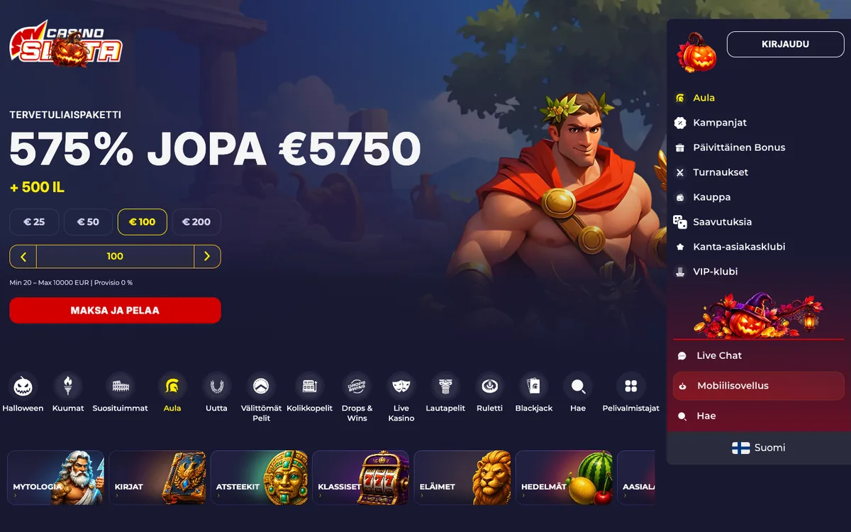 Slotan etusivu: paketti 575 % ja MAKSA JA PELAA -ikkuna, kuvattu Suomesta 18.10.2026