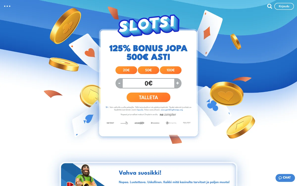 Slotsi -kasinon etusivu: tervetulotarjous, valikko ja pelinostot, kuvattu Suomesta 18.10.2026