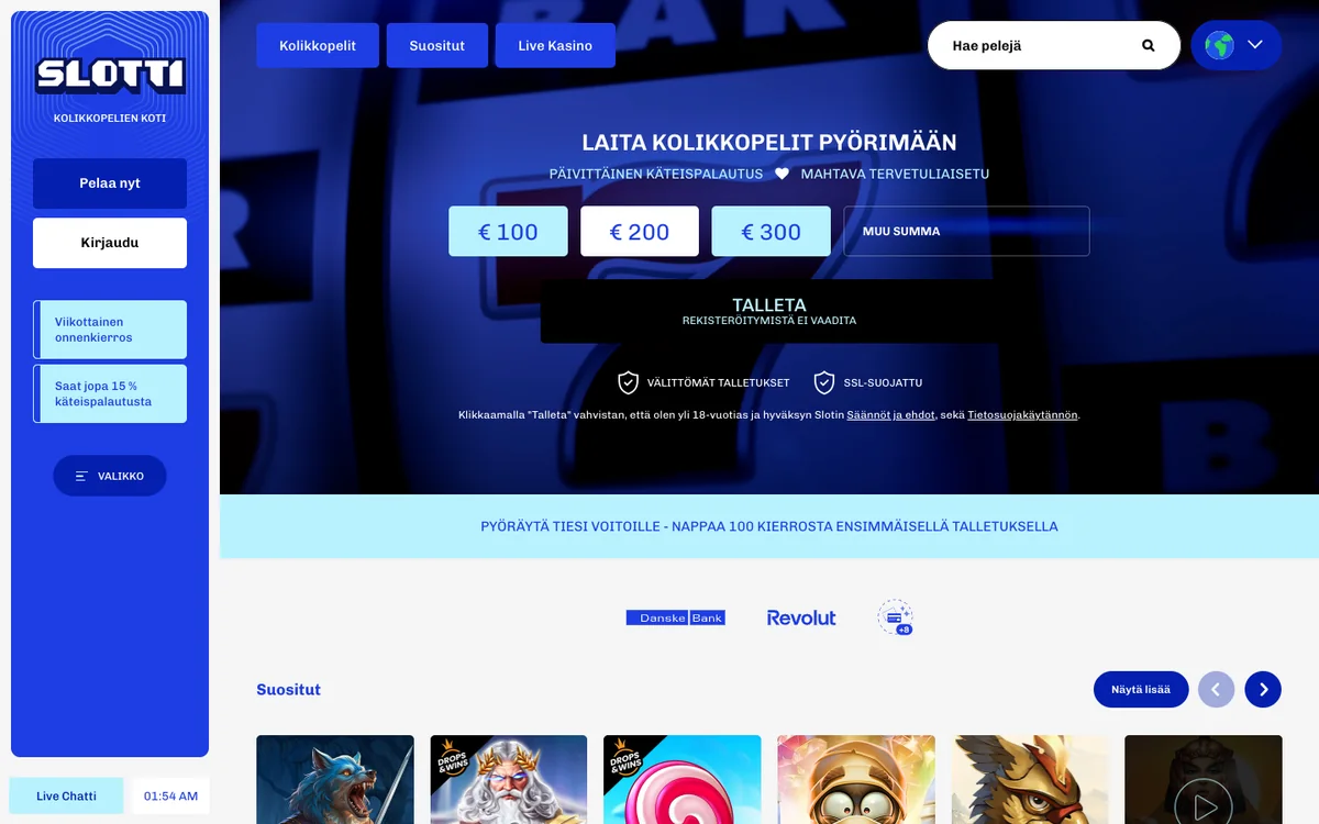 Slotti Casinon etusivu: 100 kierrosta ensimmäisellä talletuksella, talletusikkuna 100 / 200 / 300 € ja merkinnät Rekisteröitymistä ei vaadita, Välittömät talletukset, SSL-suojattu, kuvattu Suomesta 18.10.2026