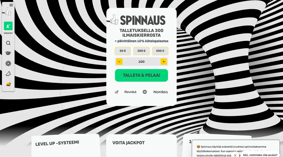 Spinnaus -kasinon etusivu: tervetulotarjous, valikko ja pelinostot, kuvattu Suomesta 18.10.2026