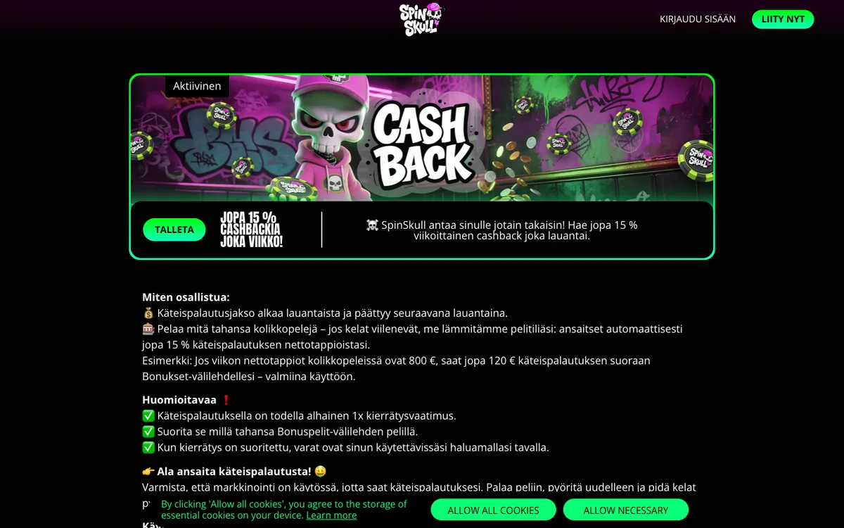 SpinSkullin cashback-sivu: jopa 15 % käteispalautusta joka viikko kolikkopelien nettotappiosta, kierrätys 1x, esimerkki 800 € → 120 €, kuvattu Suomesta 18.10.2026