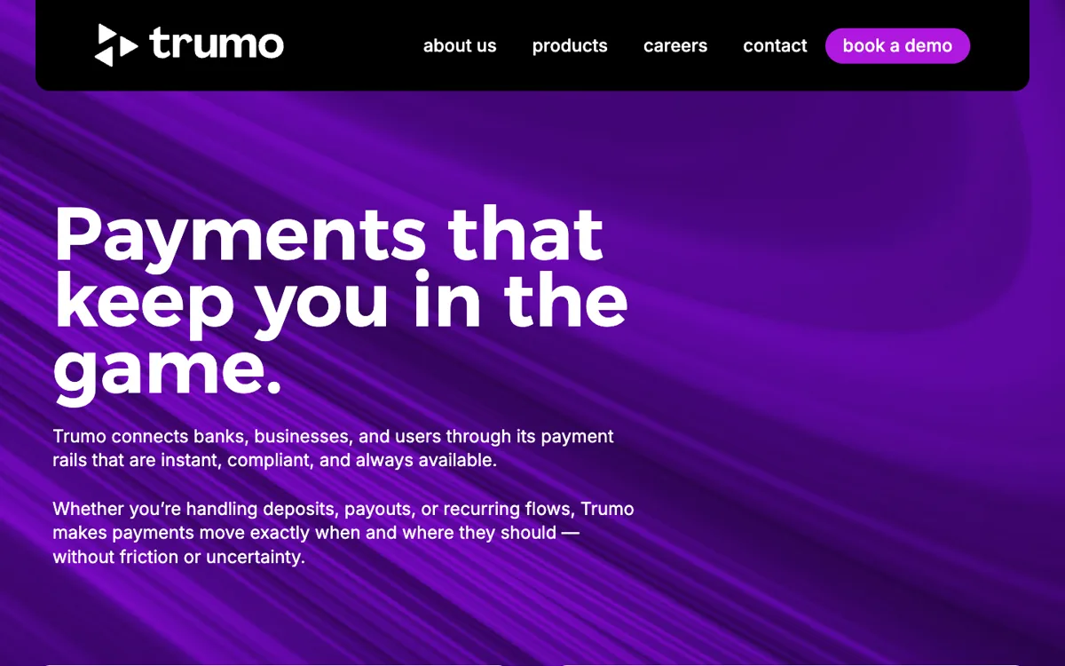 Trumo.com 18.10.2026: ”Payments that keep you in the game” – yhtiö myy maksuväylää iGaming-operaattoreille, ei pelaajille