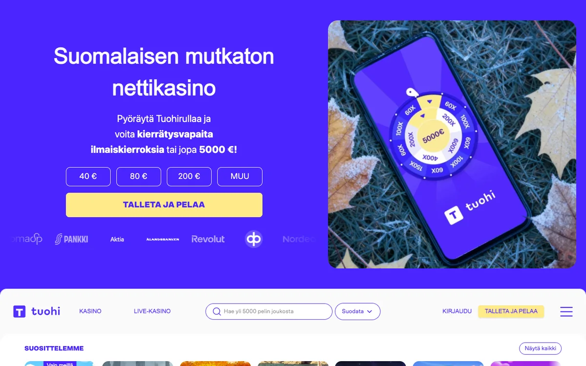 Tuohi Casinon etusivu: talletusikkuna ja pankkivalinta ennen pankkiin siirtymistä, kuvattu Suomesta 18.10.2026