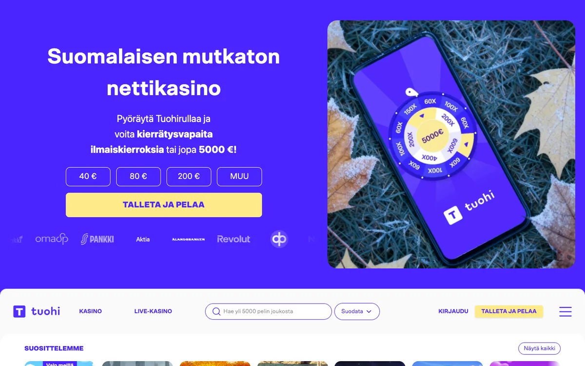 Tuohi Casinon etusivu: talletusikkuna ja nopean kotiutuksen lupaus, kuvattu Suomesta 18.10.2026