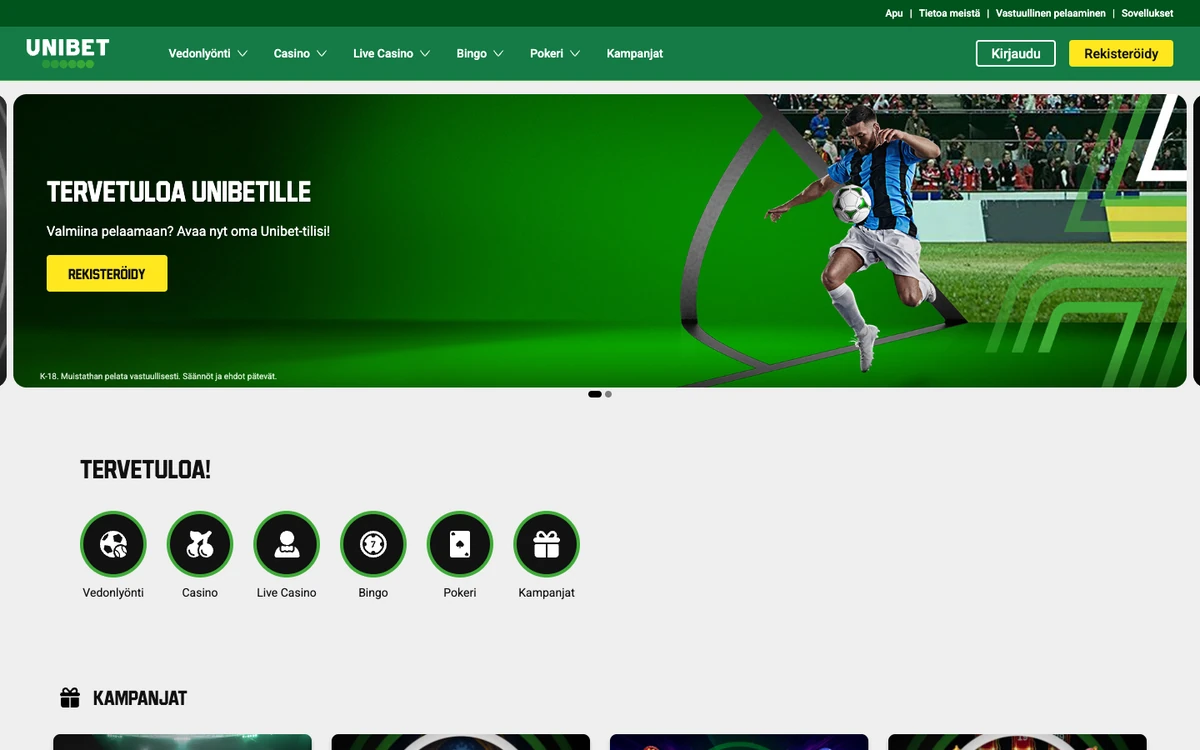 Unibetin suomenkielinen etusivu 18.10.2026: Tervetuloa Unibetille, Avaa nyt oma Unibet-tilisi ja Rekisteröidy-painike, päävalikossa Vedonlyönti, Casino, Live Casino, Bingo, Pokeri ja Kampanjat
