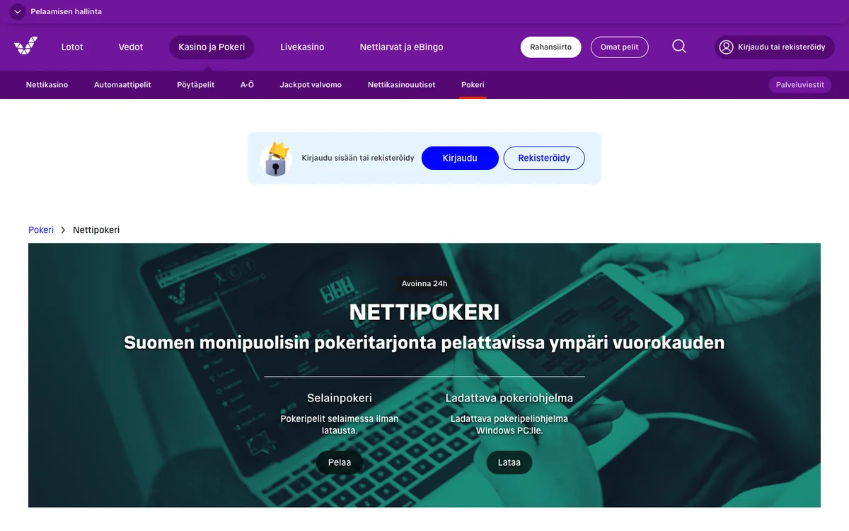 Veikkauksen nettipokerisivu: selainpokeri ja ladattava pokeriohjelma Windowsille, kuvattu Suomesta 17.10.2026