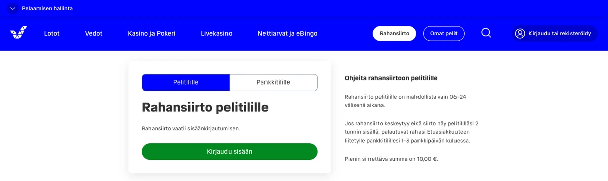 Veikkauksen Rahansiirto-sivu: rahansiirto pelitilille vaatii kirjautumisen, siirrot vain kello 6–24 ja pienin siirrettävä summa 10,00 €, kuvattu Suomesta 18.10.2026