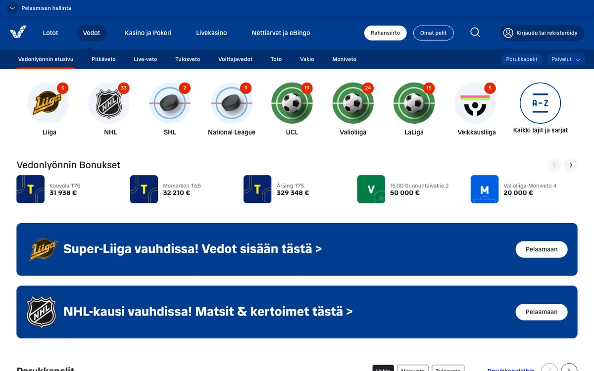 Veikkauksen vedonlyönnin etusivu: sarjat kohdemäärineen ja Vedonlyönnin bonukset -osion pool-potit, kuvattu Suomesta 17.10.2026