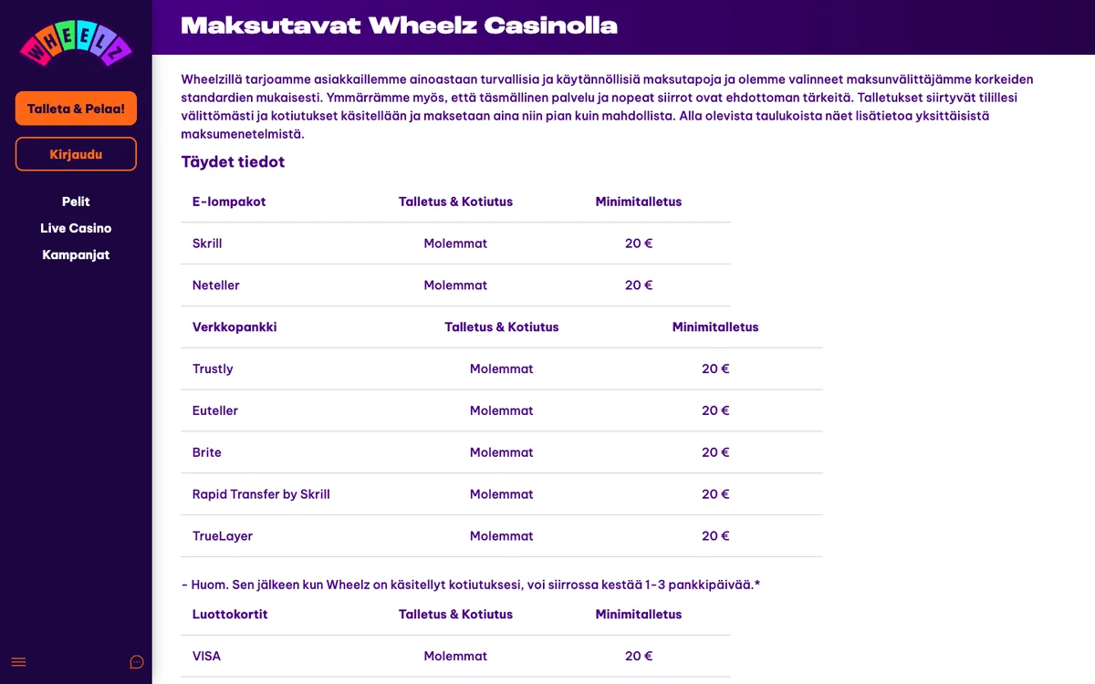 Wheelz-kasinon maksutapasivu: Euteller-rivi talletus ja kotiutus, minimi 20 €, kuvattu Suomesta 18.10.2026