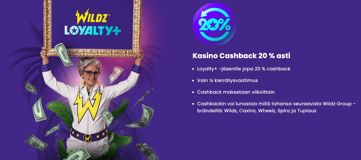 Wildzin Loyalty+-sivu: kasinon cashback 20 %:iin asti, 1x-kierrätys, palautus viikoittain ja lunastettavissa Wildzilla, Caxinolla, Wheelzillä, Spinzillä ja Tuplauksella, kuvattu Suomesta 18.10.2026