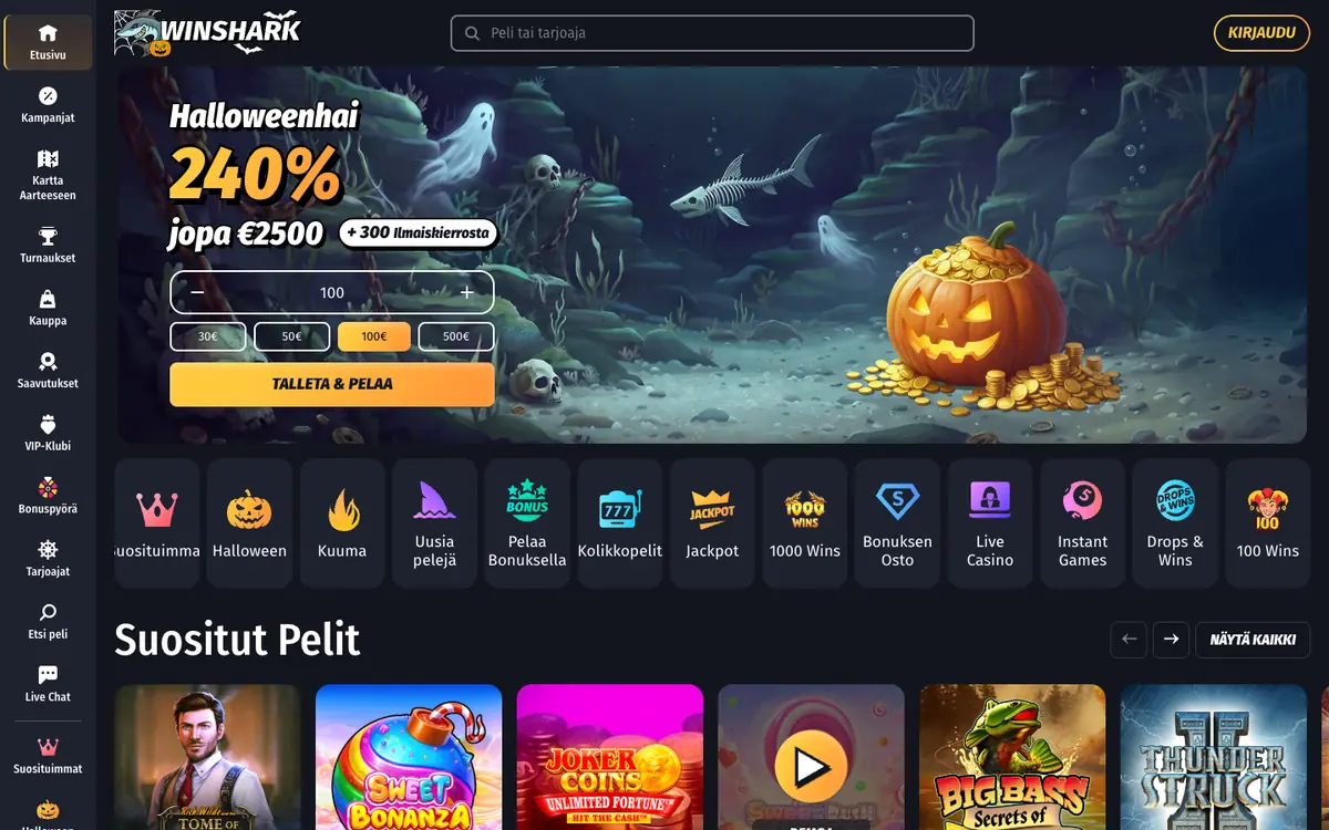 WinSharkin etusivu: Halloweenhai 240 % jopa 2 500 € + 300 ilmaiskierrosta, TALLETA & PELAA -ikkuna 30–500 € ja pelikategoriat, kuvattu Suomesta 18.10.2026