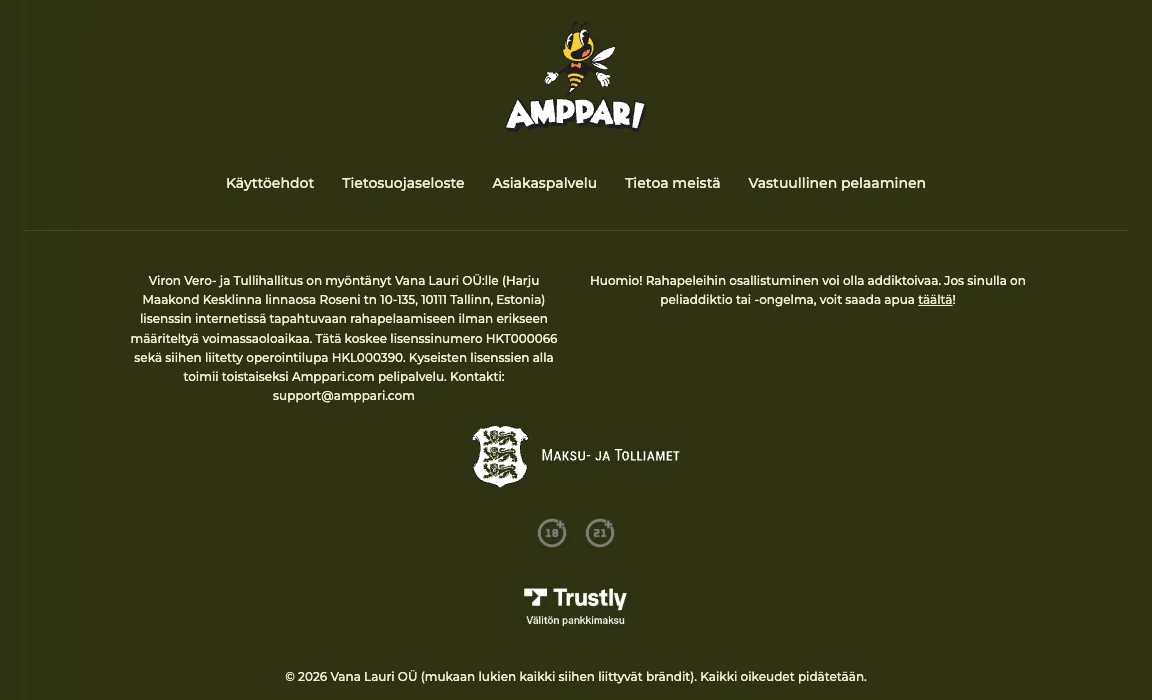 Ampparin alatunniste: Viron Maksu- ja Tolliametin lupa HKT000066 ja operointilupa HKL000390 Vana Lauri OÜ:lle sekä Trustly-maksu, kuvattu Suomesta 17.10.2026