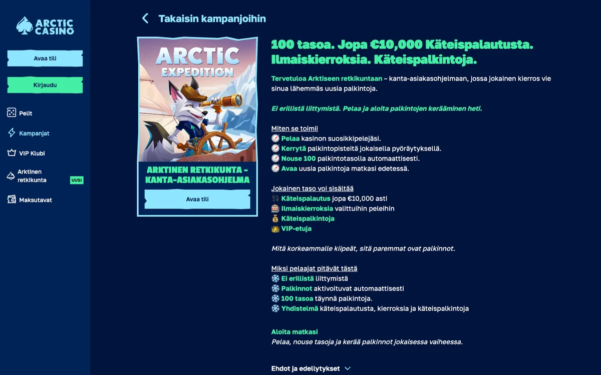 Arctic Casinon Arktinen retkikunta -kanta-asiakasohjelma: 100 tasoa, jopa 10 000 € käteispalautusta, ei erillistä liittymistä, kuvattu Suomesta 18.10.2026