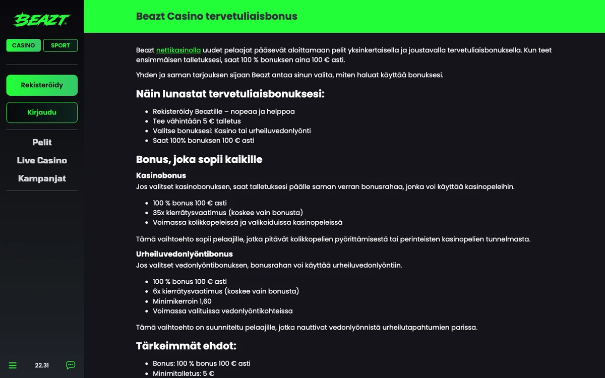 Beaztin tervetuliaisbonus: 100 % jopa 100 €, ”Oikea raha käytetään ensin” ja ”Bonuksen voi peruuttaa koska tahansa”, kuvattu Suomesta 18.10.2026
