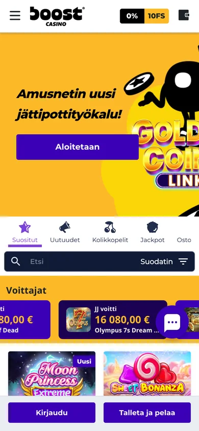 Boost Casino mobiilissa: etusivu 390 px leveydellä, kuvattu Suomesta 18.10.2026