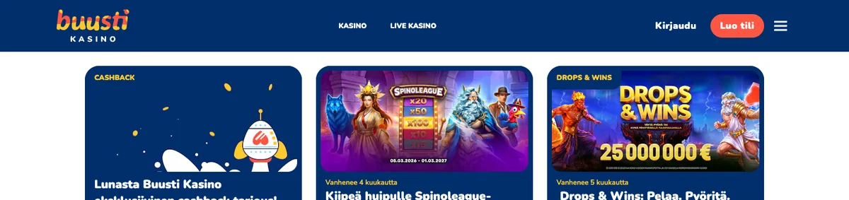 Buusti Kasinon kampanjasivu: päivittäinen cashback, Spinoleague-haaste ja Drops & Wins, kuvattu Suomesta 18.10.2026