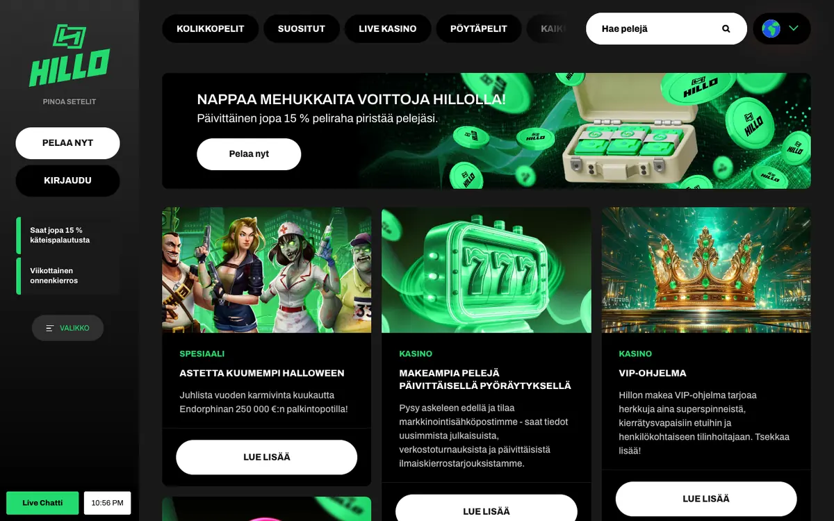 Hillo Casinon kampanjasivu: päivittäinen jopa 15 % peliraha, Endorphinan 250 000 euron Halloween-potti, päivittäiset ilmaiskierrokset sähköpostilla ja VIP-ohjelma, kuvattu 18.10.2026