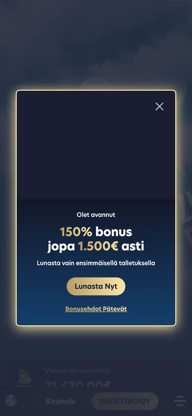 Lucky Dreams Casino mobiilissa: ponnahdusikkuna "150 % bonus jopa 1 500 € asti – lunasta vain ensimmäisellä talletuksella", alapalkissa Kirjaudu ja Rekisteröidy, 390 px, kuvattu 18.10.2026