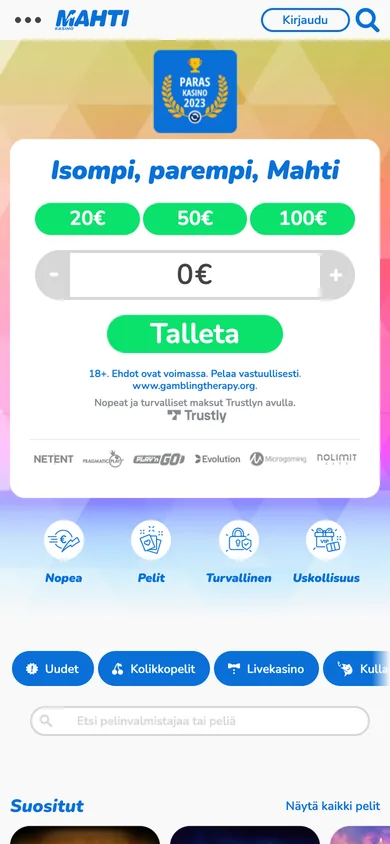 Mahti Kasino mobiilissa: etusivu 390 px leveydellä, kuvattu Suomesta 18.10.2026