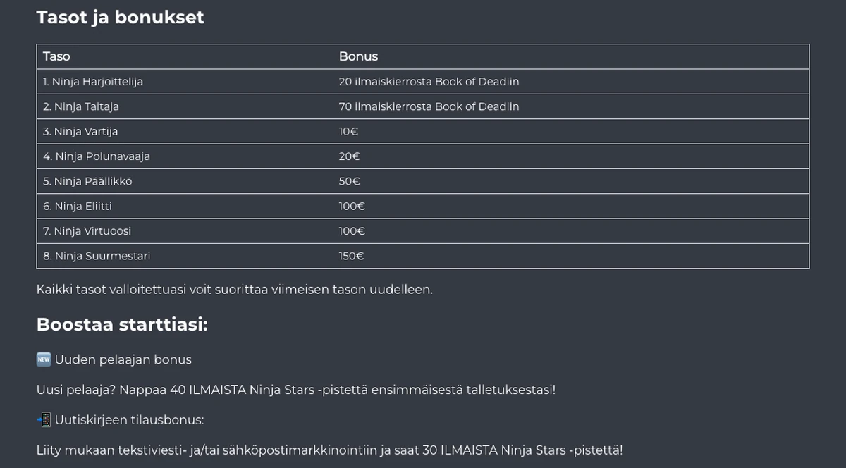 Ninja Stars -sivu: kahdeksan tasoa Ninja Harjoittelijasta Ninja Suurmestariin, palkinnot 20 ilmaiskierroksesta 150 euroon sekä 40 ja 30 pisteen aloitusedut, kuvattu Suomesta 18.10.2026