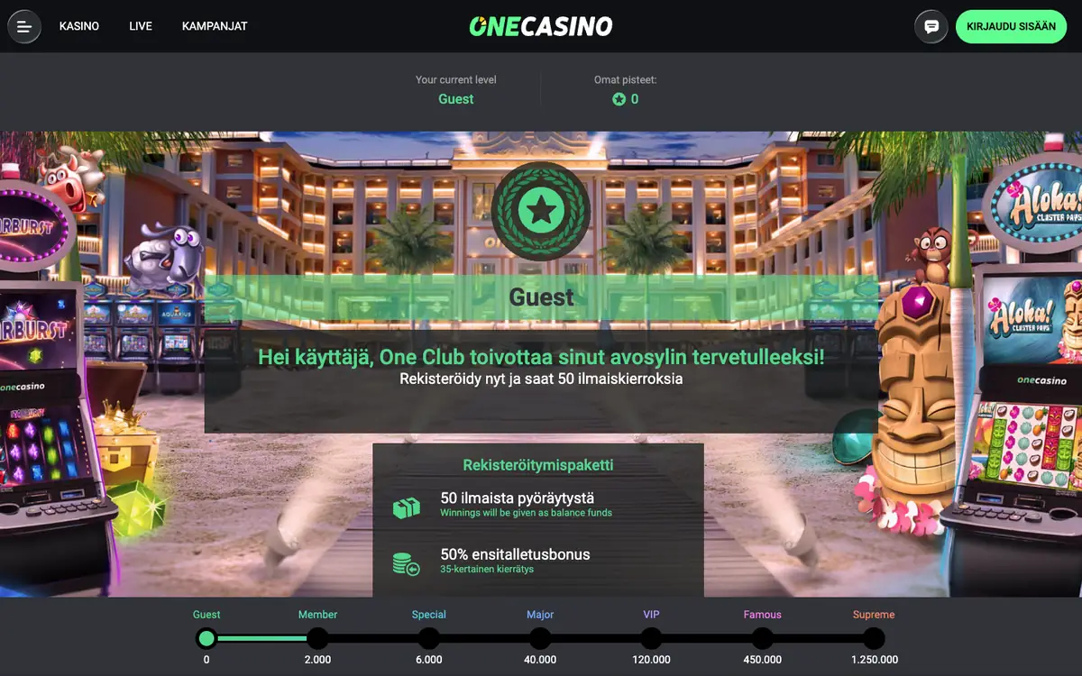 One Casinon Club One -tasosivu: tasot Guest, Member, Special, Major, VIP, Famous ja Supreme pisterajoineen sekä rekisteröitymispaketti 50 ilmaiskierrosta ja 50 % ensitalletusbonus 35× kierrätyksellä, kuvattu 18.10.2026