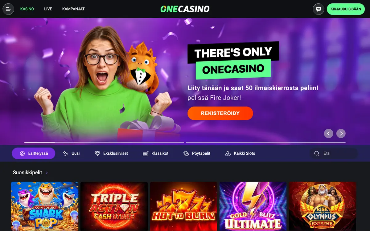 One Casinon etusivu: Liity tänään ja saat 50 ilmaiskierrosta pelissä Fire Joker, valikko Kasino, Live, Kampanjat ja pelikategoriat, kuvattu Suomesta 18.10.2026