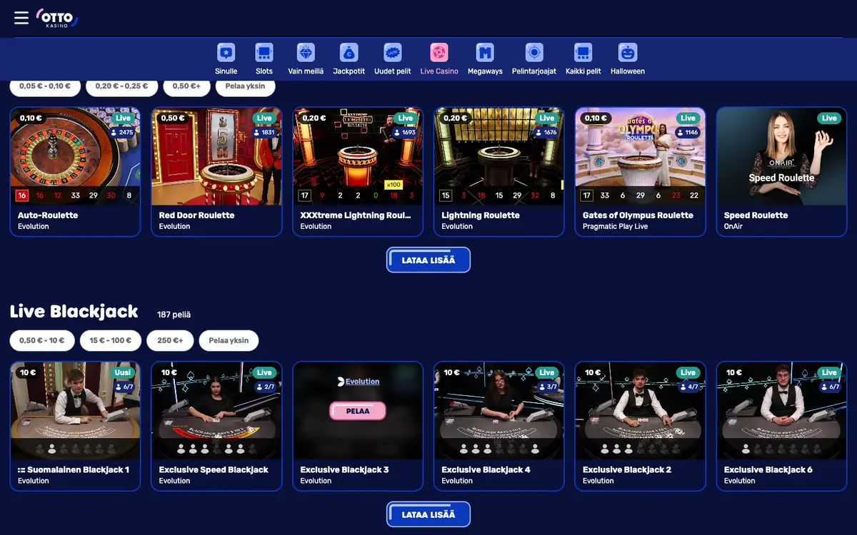 Otto Kasinon live-aula: Live Blackjack 187 peliä, Suomalainen Blackjack 1 10 €, kuvattu Suomesta 18.10.2026
