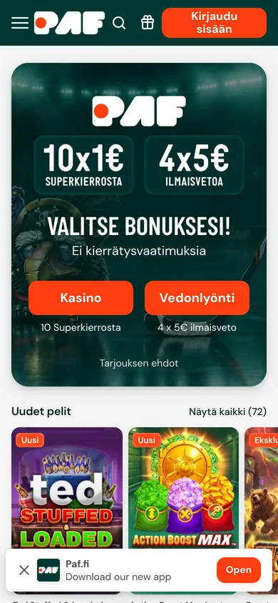 Paf-kasinon etusivu puhelimella, kuvattu Suomesta 18.10.2026