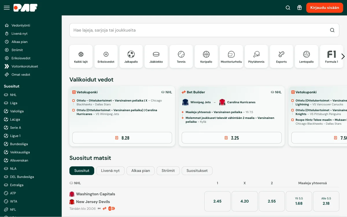 Pafin vedonlyönnin etusivu: lajivalikko, Bet Builder -nosto ja NHL-ottelun kertoimet, kuvattu Suomesta 17.10.2026