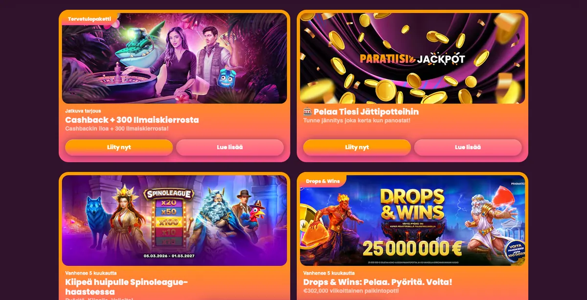 Paratiisin kampanjasivu: Cashback + 300 ilmaiskierrosta, Paratiisi Jackpot, Spinoleague-haaste 5.3.2026–1.3.2027 ja Drops & Wins, kuvattu Suomesta 18.10.2026