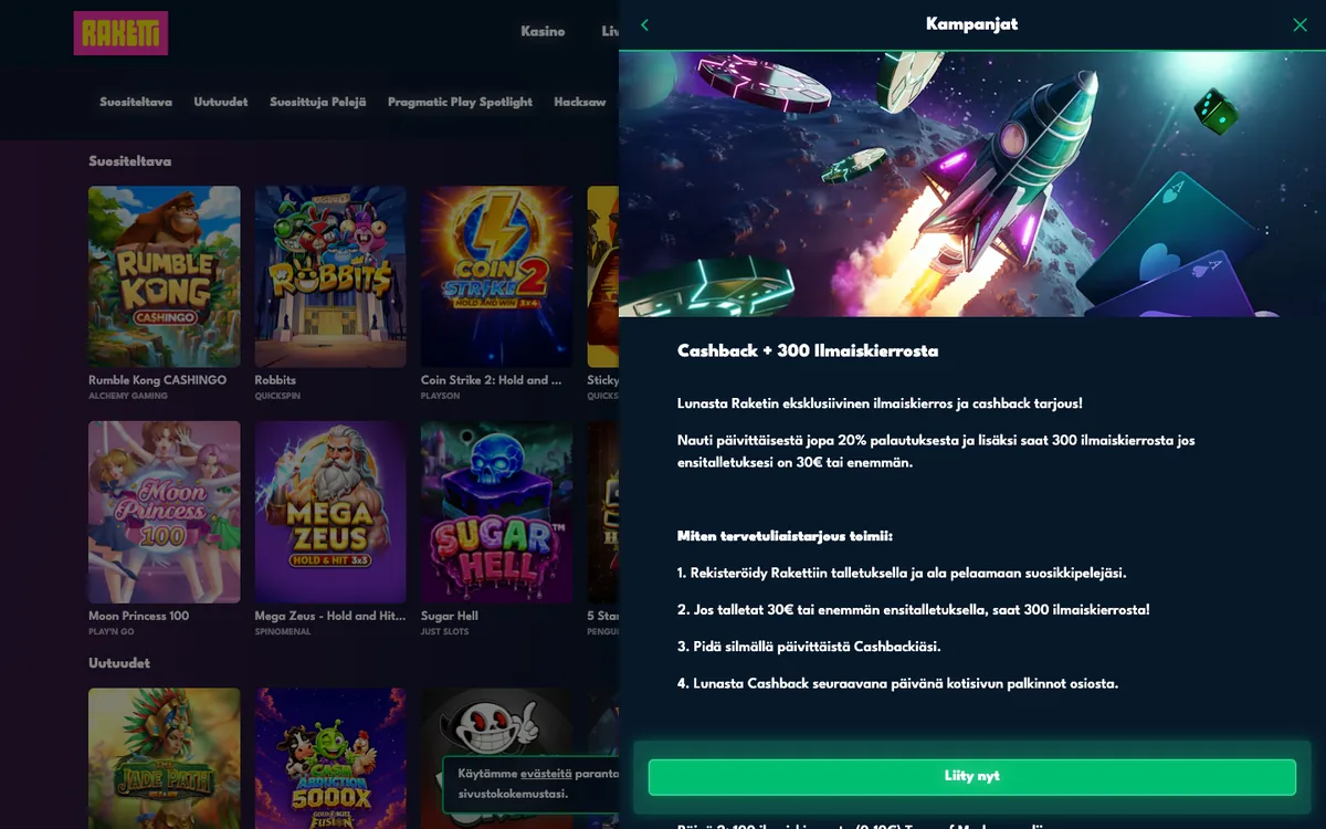 Raketti Casinon tervetuliaistarjous: Cashback + 300 ilmaiskierrosta ja ehdot, kuvattu Suomesta 18.10.2026