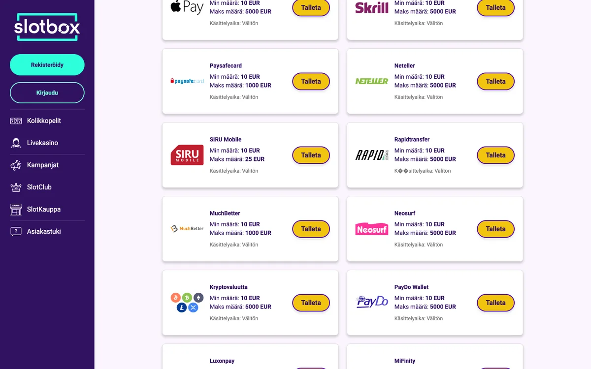 Slotboxin maksutavat: Kryptovaluutta, pienin talletus 10 €, suurin 5 000 €, käsittelyaika välitön, kuvattu Suomesta 18.10.2026