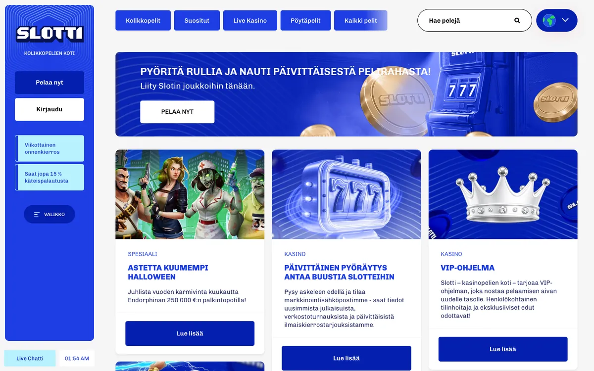 Slotti Casinon kampanjasivu: päivittäinen jopa 15 % peliraha, viikoittainen onnenkierros 3 300 € ja Drops & Wins, kuvattu 18.10.2026