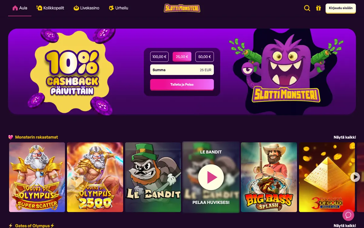 Slottimonsterin etusivu 18.10.2026: 10 % cashback päivittäin ja Trumo-kassa 25/50/100 € ”Talleta ja Pelaa”