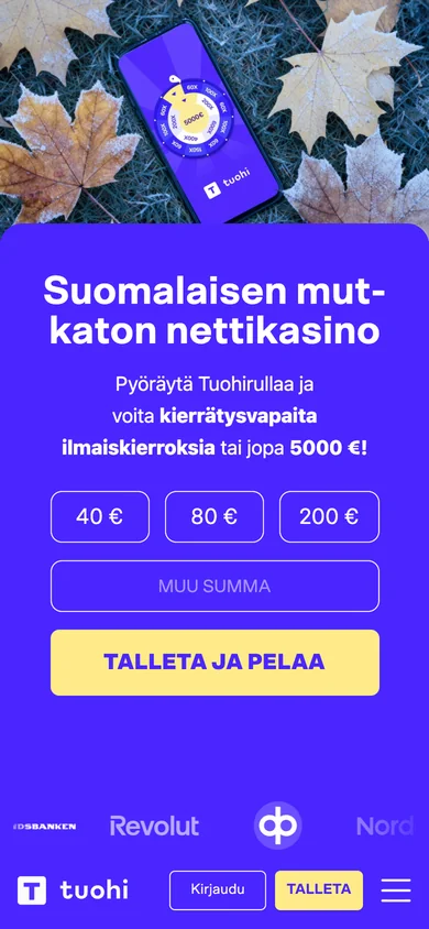 Tuohi Casinon etusivu puhelimella, kuvattu Suomesta 18.10.2026