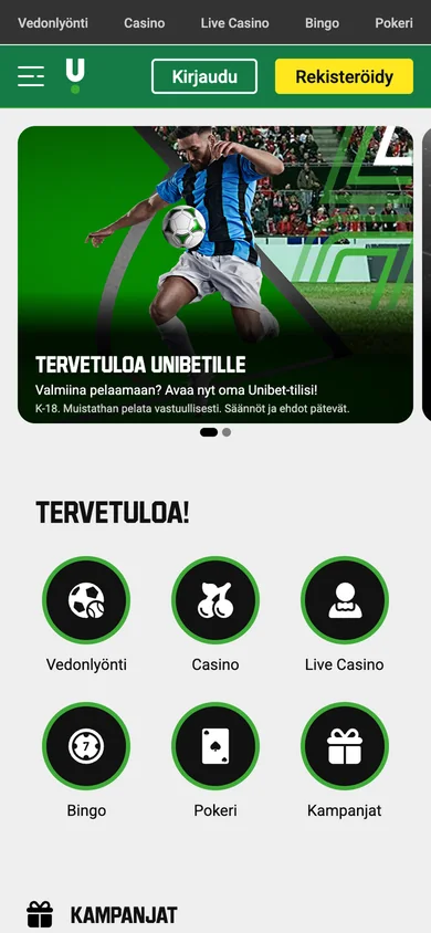 Unibet-kasinon etusivu puhelimella, kuvattu Suomesta 18.10.2026
