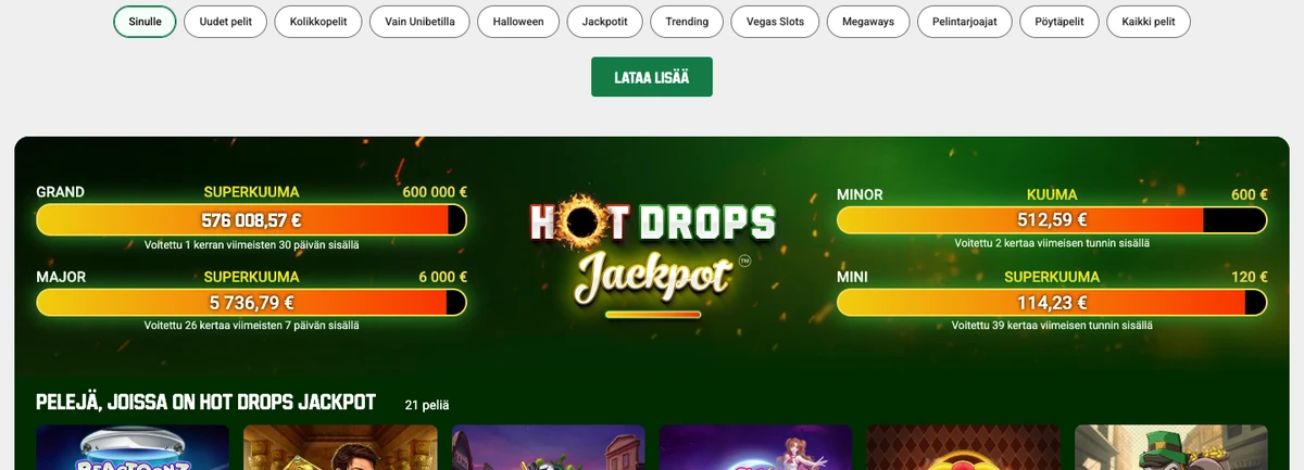 Unibetin Hot Drops Jackpot -widget 18.10.2026: Grand 576 008,57 € ylärajalla 600 000 €, Major 5 736,79 € / 6 000 €, Minor 512,59 € / 600 €, Mini 114,23 € / 120 € ja voittojen tiheys