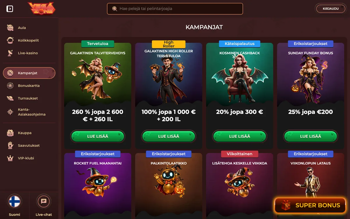 VegaZonen Kampanjat-sivu 18.10.2026: Galaktinen Talvitervehdys 260 % jopa 2 600 €, High Roller 100 % jopa 1 000 €, Kosminen Cashback 20 % jopa 300 €, Sunday Funday, Rocket Fuel, Palkintolaatikko ja viikkobonukset