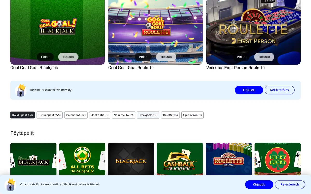 Veikkauksen Pöytäpelit-aula: suodattimet Kaikki pelit (31), Blackjack (12), Ruletti (15), Spin a Win (1) ja Premium Blackjack-, All Bets Blackjack- ja Premium Roulette -kortit, kuvattu Suomesta 18.10.2026