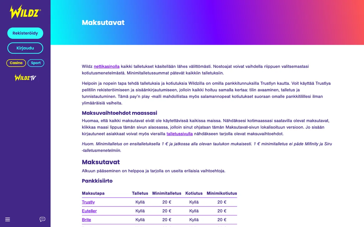 Wildz-kasinon maksutapasivu: Trustly-rivi taulukossa, talletus ja kotiutus, kuvattu Suomesta 18.10.2026