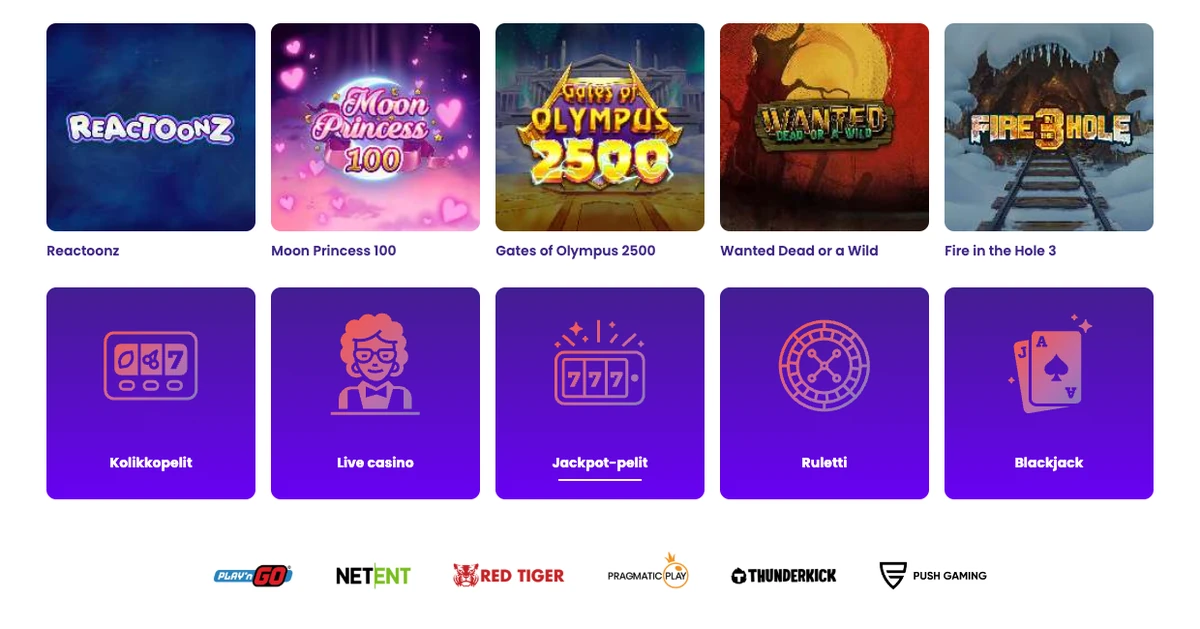 Wildzin etusivun pelivalikoima: Reactoonz, Moon Princess 100, Gates of Olympus 2500, Wanted Dead or a Wild ja Fire in the Hole 3, kategoriat kolikkopeleistä blackjackiin sekä Play'n GO, NetEnt, Red Tiger, Pragmatic Play, Thunderkick ja Push Gaming, kuvattu Suomesta 18.10.2026