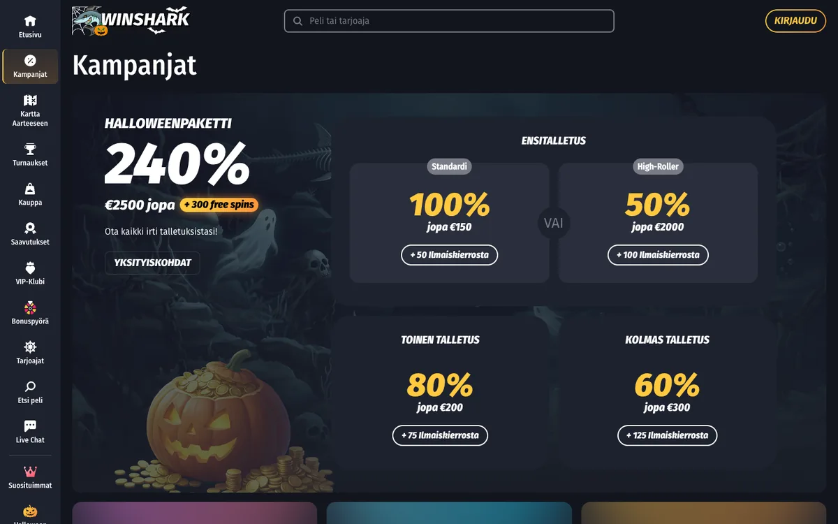 Kampanjat-sivu: Halloweenpaketti 240 %, ensitalletus Standardi 100 % jopa 150 € tai High-Roller 50 % jopa 2 000 €, toinen talletus 80 % ja kolmas 60 %, kuvattu Suomesta 18.10.2026