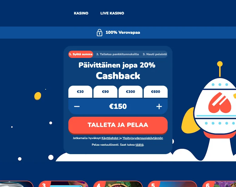 Buusti Kasinon talletusikkuna etusivulla: kolme vaihetta, päivittäinen jopa 20 % cashback, pikasummat 30, 90, 300 ja 600 € sekä Talleta ja pelaa -painike, kuvattu Suomesta 18.10.2026