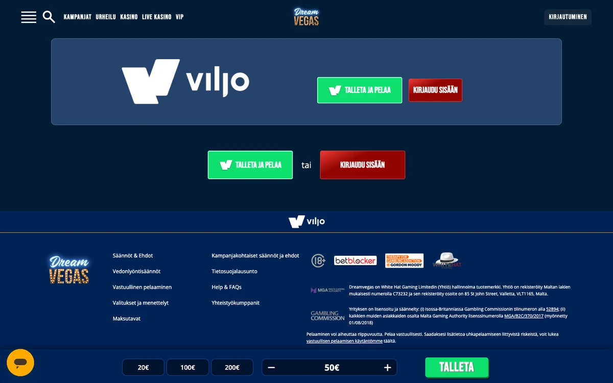 Dream Vegasin Viljo-sivu: Viljo-logo, Talleta ja pelaa -painike, pikasummat 20, 100 ja 200 € ja White Hat Gamingin Maltan luvan tiedot alatunnisteessa, kuvattu Suomesta 18.10.2026